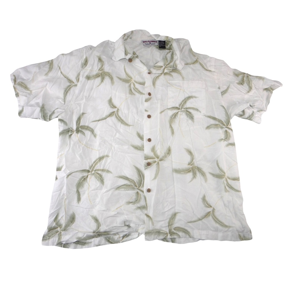 Boca Classics Mens XL White Palm Tree Print Rayon Cotton Hawaiian Camp Shirt